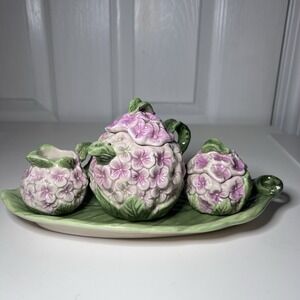 Vtg Fitz & Floyd Pink Purple Embossed Hydrangeas Mini Tea Set